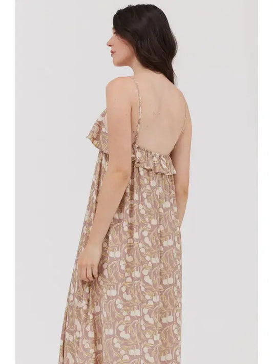 Lavender Print Ruffle Strap Long Dress